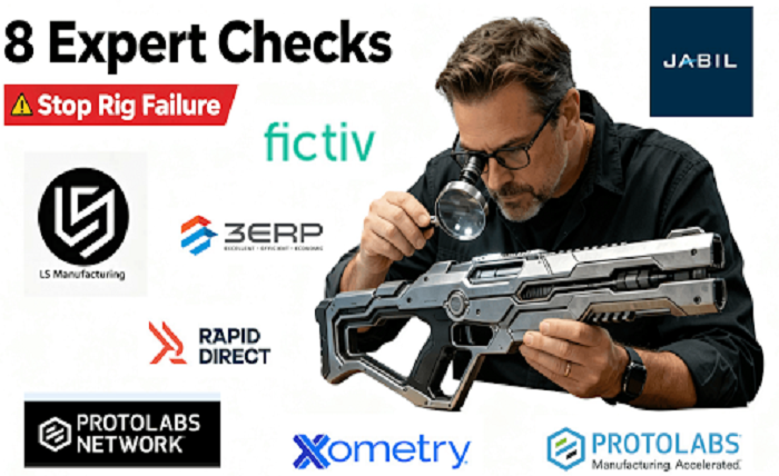 A film prop master meticulously inspects a precision bent metal part for a special effect rig under a magnifying glass, with a failed sample and detailed DFM report on a laptop nearby, visualizing the critical engineering scrutiny to prevent on-set equipment failure.